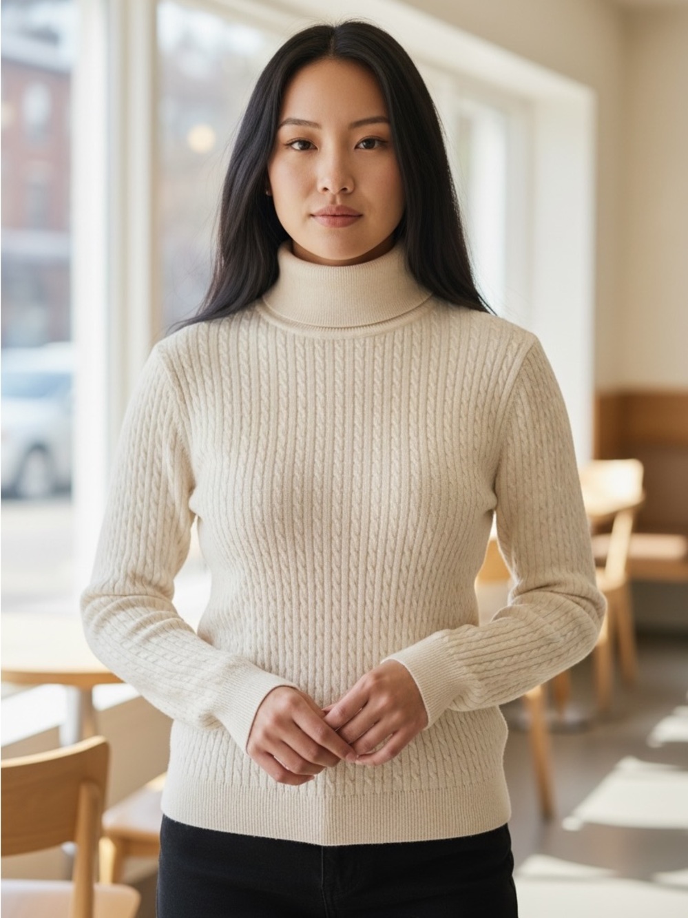 Vintage - Cream Cable Knit Turtleneck Sweater 90% cotton Size XL